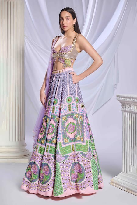 Shop_Papa Don't Preach_Peach Silk, Velvet, Tulle Pearls, Crystals, Dear Dahlia Embroidered Lehenga Set _Online_at_Aza_Fashions