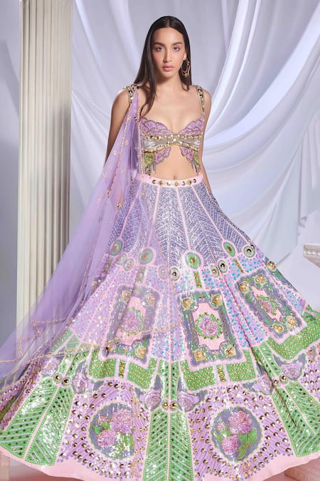 Papa Don't Preach_Peach Silk, Velvet, Tulle Pearls, Crystals, Dear Dahlia Embroidered Lehenga Set _at_Aza_Fashions