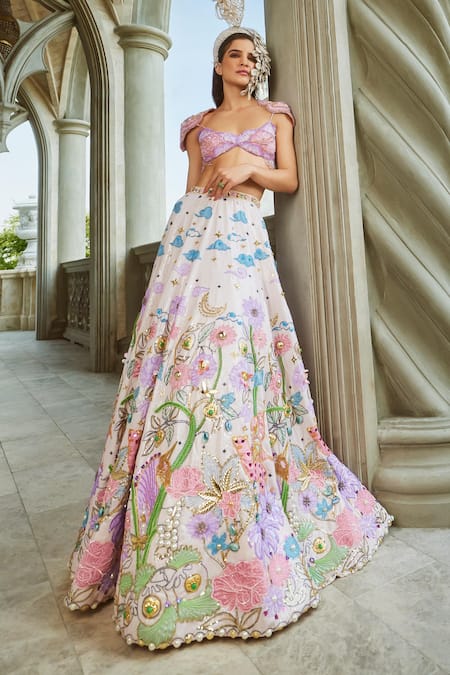 Shop Papa Don't Preach Ivory Silk, Organza Pearls, Whimsical Wonderland Embroidered Lehenga Set Online at Aza Fashions Shop_Papa Don't Preach_Ivory Silk, Organza Pearls, Whimsical Wonderland Embroidered Lehenga Set _Online_at_Aza_Fashions
