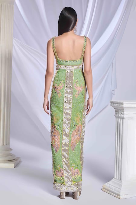 Papa Don't Preach_Green Velvet Sequins, Beads, Shamrock Shimmy Embellished Gown With Churidar _Online_at_Aza_Fashions