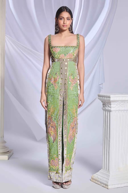 Buy_Papa Don't Preach_Green Velvet Sequins, Beads, Shamrock Shimmy Embellished Gown With Churidar _Online_at_Aza_Fashions