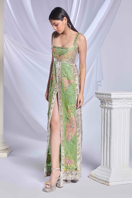 Shop_Papa Don't Preach_Green Velvet Sequins, Beads, Shamrock Shimmy Embellished Gown With Churidar _Online_at_Aza_Fashions