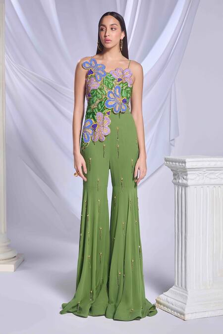 Buy_Papa Don't Preach_Green Georgette Sequins, Crystals Juniper Jade 3d Embroidered Gharara Set _Online_at_Aza_Fashions
