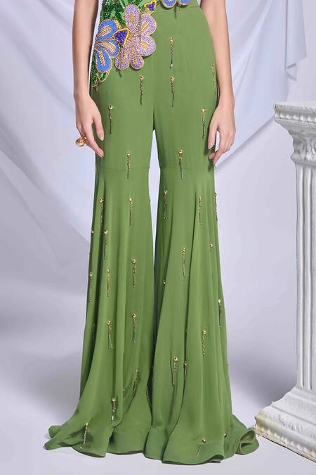 Shop_Papa Don't Preach_Green Georgette Sequins, Crystals Juniper Jade 3d Embroidered Gharara Set _Online_at_Aza_Fashions