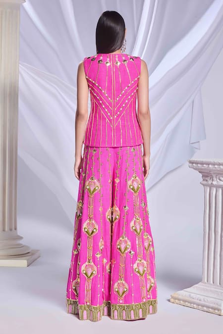 Papa Don't Preach_Pink Silk Sequins, Metallic Princess Treatment Embroidered Flared Pant Set _Online_at_Aza_Fashions