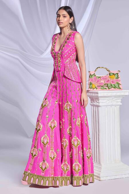 Shop_Papa Don't Preach_Pink Silk Sequins, Metallic Princess Treatment Embroidered Flared Pant Set _Online_at_Aza_Fashions