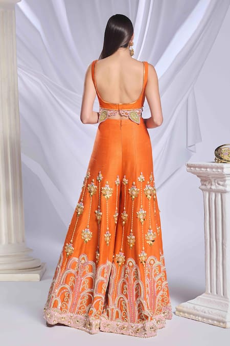 Papa Don't Preach_Orange Silk Sequins, Crystals, Beads Plunge Pixie Palace Embroidered Pant Set _Online_at_Aza_Fashions
