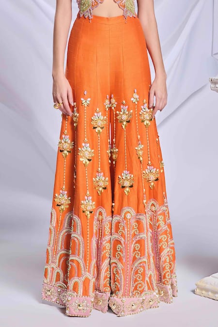 Buy_Papa Don't Preach_Orange Silk Sequins, Crystals, Beads Plunge Pixie Palace Embroidered Pant Set _Online_at_Aza_Fashions