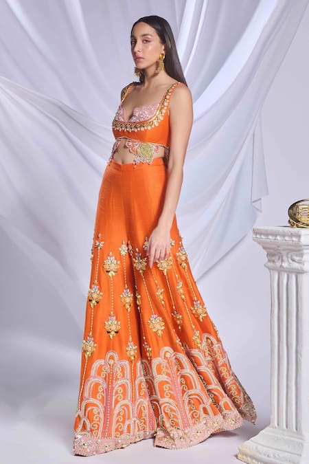 Shop_Papa Don't Preach_Orange Silk Sequins, Crystals, Beads Plunge Pixie Palace Embroidered Pant Set _Online_at_Aza_Fashions
