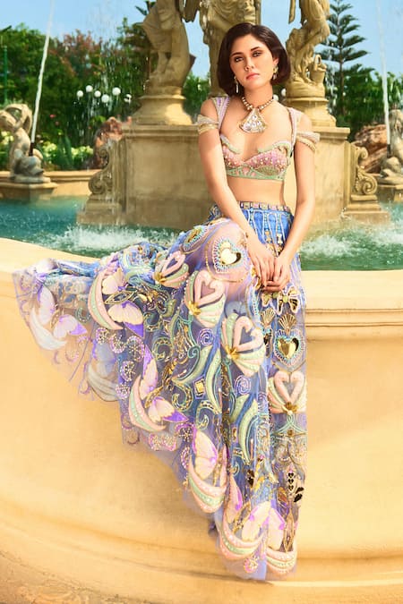 Papa Don't Preach Blue Tulle Embroidered Crystals Geometric Once In A Moon Lehenga Set 