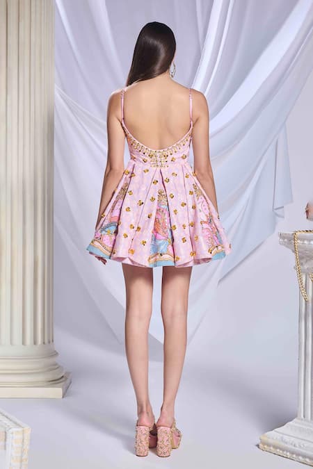 Papa Don't Preach Peach Satin Plunge Neck Crystal Embroidered Baby Doll Dress Online at Aza Fashions Papa Don't Preach_Peach Satin Plunge Neck Crystal Embroidered Baby Doll Dress _Online_at_Aza_Fashions