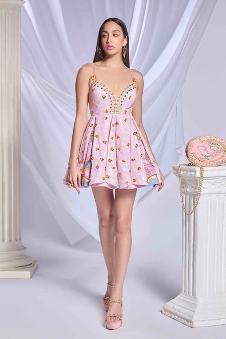 Buy Papa Don't Preach Peach Satin Plunge Neck Crystal Embroidered Baby Doll Dress Buy_Papa Don't Preach_Peach Satin Plunge Neck Crystal Embroidered Baby Doll Dress