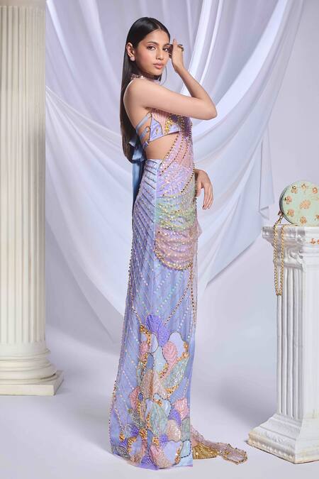 Buy_Papa Don't Preach_Grey Tulle Moonlit Melody Embroidered Pre-draped Saree With Tie Up Blouse _Online_at_Aza_Fashions