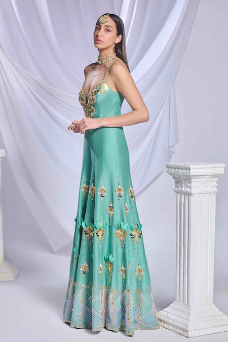 Buy_Papa Don't Preach_Green Silk Crystals, Embroidery, Beads Plunge Neck Fairy Flared Jumpsuit _Online_at_Aza_Fashions