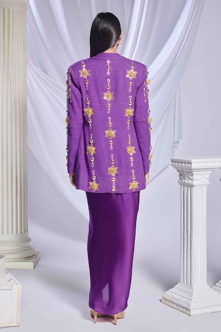 Papa Don't Preach_Purple Silk Embroidery Square Neck Pixie Stars Blazer And Draped Skirt _Online_at_Aza_Fashions
