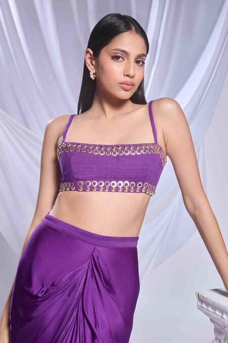 Buy_Papa Don't Preach_Purple Silk Embroidery Square Neck Pixie Stars Blazer And Draped Skirt _Online_at_Aza_Fashions