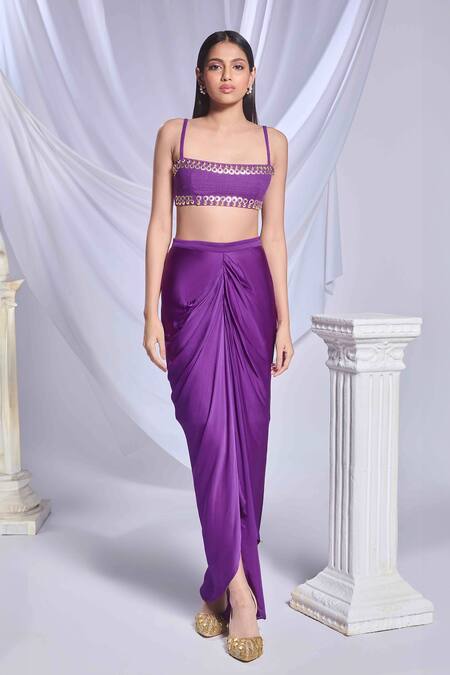 Shop_Papa Don't Preach_Purple Silk Embroidery Square Neck Pixie Stars Blazer And Draped Skirt _Online_at_Aza_Fashions