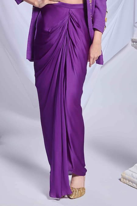 Papa Don't Preach_Purple Silk Embroidery Square Neck Pixie Stars Blazer And Draped Skirt _at_Aza_Fashions