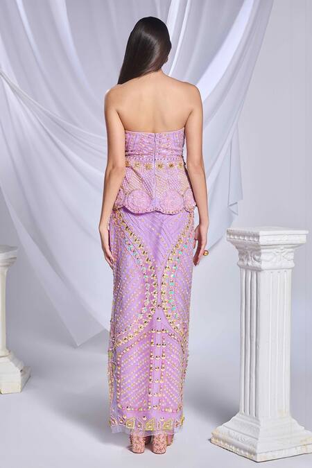 Shop Papa Dont Preach Purple Tulle Pearls, Sequins, Metallic Swirl Embroidered Peplum Top With Skirt at Aza Fashions Shop_Papa Dont Preach_Purple Tulle Pearls, Sequins, Metallic Swirl Embroidered Peplum Top With Skirt_at_Aza_Fashions