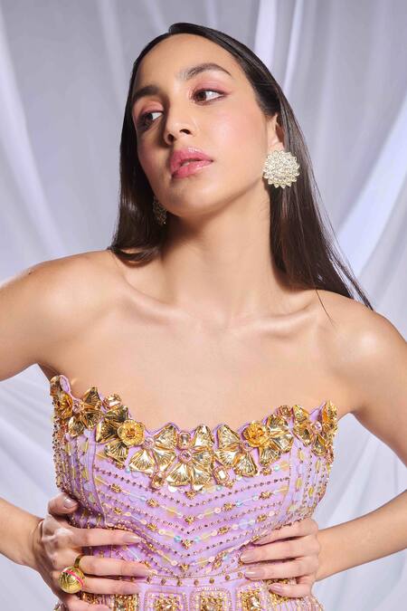 Papa Dont Preach Purple Tulle Pearls, Sequins, Metallic Swirl Embroidered Peplum Top With Skirt Online at Aza Fashions Papa Dont Preach_Purple Tulle Pearls, Sequins, Metallic Swirl Embroidered Peplum Top With Skirt_Online_at_Aza_Fashions