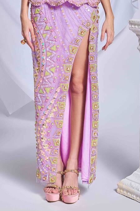 Buy Papa Dont Preach Purple Tulle Pearls, Sequins, Metallic Swirl Embroidered Peplum Top With Skirt Online at Aza Fashions Buy_Papa Dont Preach_Purple Tulle Pearls, Sequins, Metallic Swirl Embroidered Peplum Top With Skirt_Online_at_Aza_Fashions