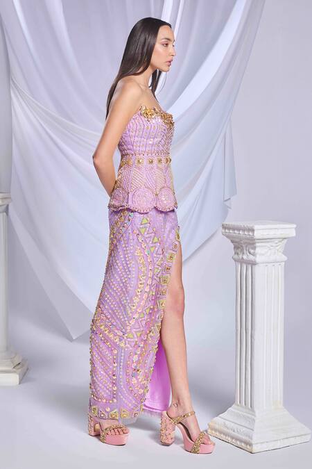 Shop Papa Dont Preach Purple Tulle Pearls, Sequins, Metallic Swirl Embroidered Peplum Top With Skirt Online at Aza Fashions Shop_Papa Dont Preach_Purple Tulle Pearls, Sequins, Metallic Swirl Embroidered Peplum Top With Skirt_Online_at_Aza_Fashions