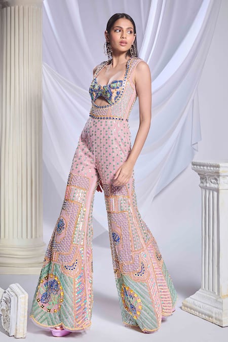Buy_Papa Don't Preach_Pink Tulle Sequins, Pearls Asymmetric Story Of Embroidered Jumpsuit _Online_at_Aza_Fashions