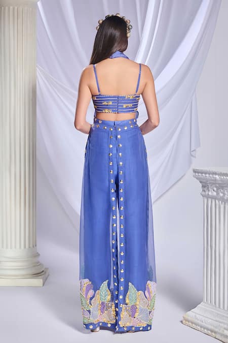 Papa Don't Preach_Blue Organza, Silk Embroidery V-neck Belle Of The Ball Jacket And Bustier Set _Online_at_Aza_Fashions