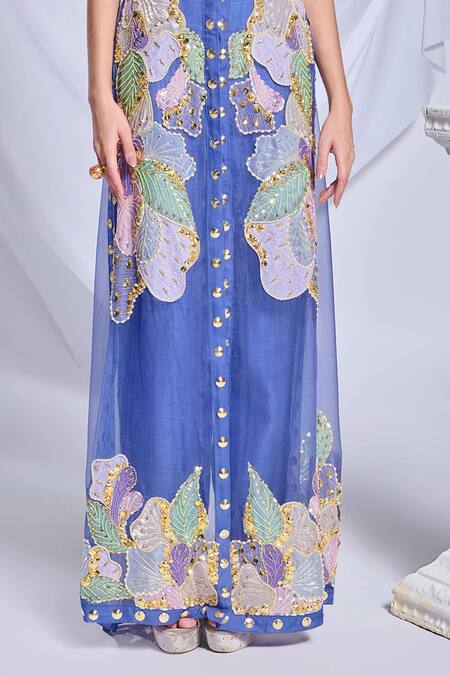 Buy_Papa Don't Preach_Blue Organza, Silk Embroidery V-neck Belle Of The Ball Jacket And Bustier Set _Online_at_Aza_Fashions