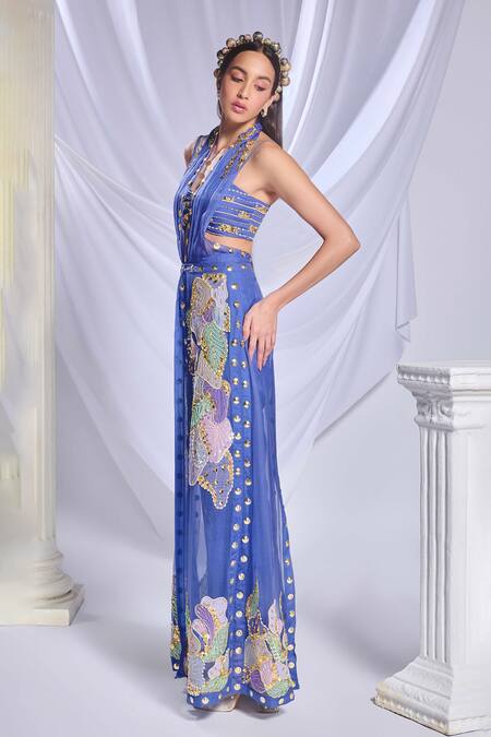 Shop_Papa Don't Preach_Blue Organza, Silk Embroidery V-neck Belle Of The Ball Jacket And Bustier Set _Online_at_Aza_Fashions