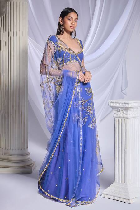 Buy_Papa Don't Preach_Blue Tulle, Georgette Embroidery, Seas The Day Pre-draped Saree With Blouse _Online_at_Aza_Fashions