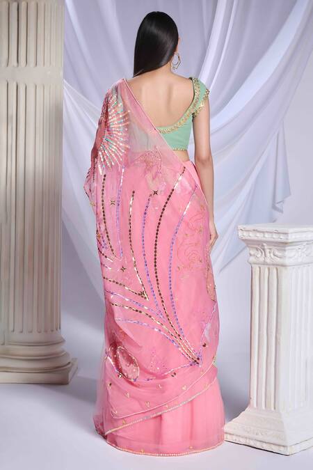 Shop Papa Dont Preach Pink Organza, Georgette Sequins, Embroidery Rose Reverie Saree With Blouse at Aza Fashions Shop_Papa Dont Preach_Pink Organza, Georgette Sequins, Embroidery Rose Reverie Saree With Blouse_at_Aza_Fashions