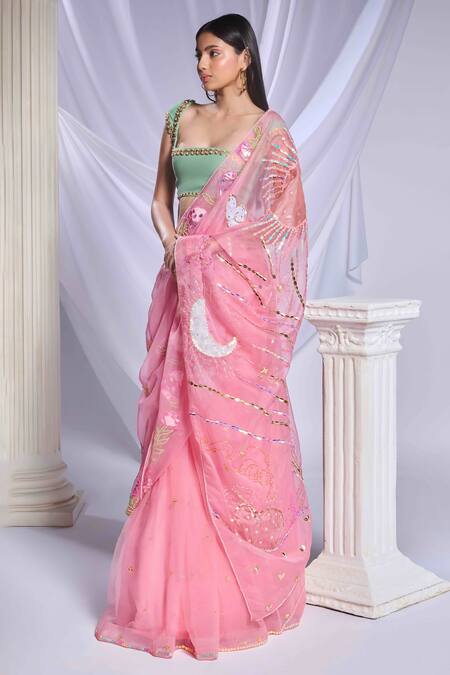 Buy Papa Dont Preach Pink Organza, Georgette Sequins, Embroidery Rose Reverie Saree With Blouse Online at Aza Fashions Buy_Papa Dont Preach_Pink Organza, Georgette Sequins, Embroidery Rose Reverie Saree With Blouse_Online_at_Aza_Fashions