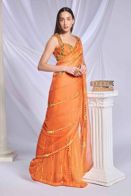 Buy_Papa Don't Preach_Orange Organza Embroidery Sweetheart Neck Sundown Soiree Pre-draped Saree Set _Online_at_Aza_Fashions