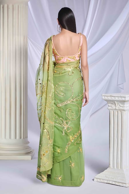 Papa Don't Preach Sea Frost Embroidered Pre-Draped Saree Set 