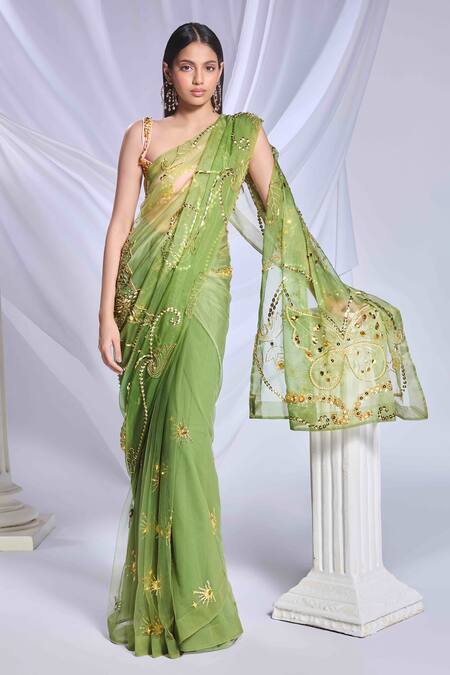 Buy_Papa Don't Preach_Green Organza Sequins, Pearls, Sea Frost Embroidered Pre-draped Saree Set _Online_at_Aza_Fashions