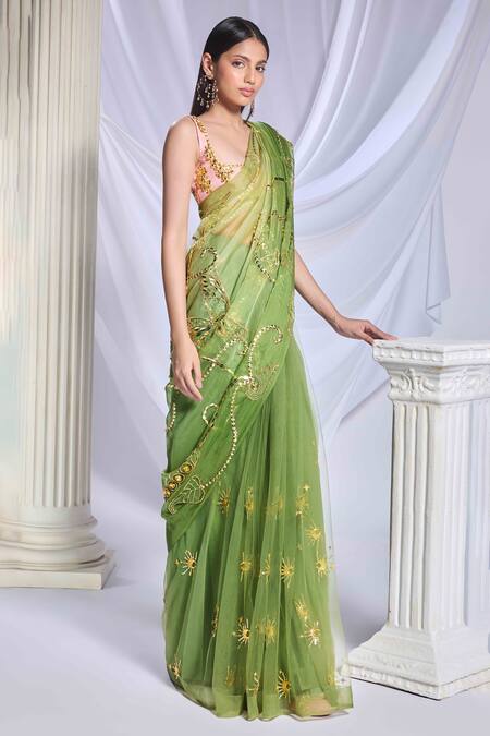 Shop_Papa Don't Preach_Green Organza Sequins, Pearls, Sea Frost Embroidered Pre-draped Saree Set _Online_at_Aza_Fashions