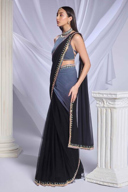 Buy Papa Don't Preach Black Georgette Pearls, Sequins, Crystals Halter Neck Rose Embroidered Saree Set Online at Aza Fashions Buy_Papa Don't Preach_Black Georgette Pearls, Sequins, Crystals Halter Neck Rose Embroidered Saree Set _Online_at_Aza_Fashions