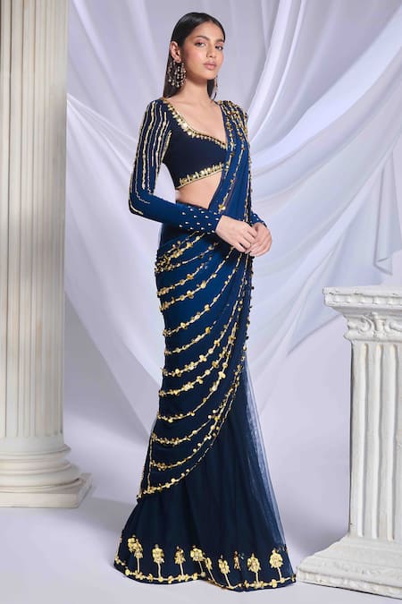 Buy Papa Don't Preach Blue Georgette Pearls, Applique, Zari Midnight Marina Pre-draped Saree Set Online at Aza Fashions Buy_Papa Don't Preach_Blue Georgette Pearls, Applique, Zari Midnight Marina Pre-draped Saree Set _Online_at_Aza_Fashions