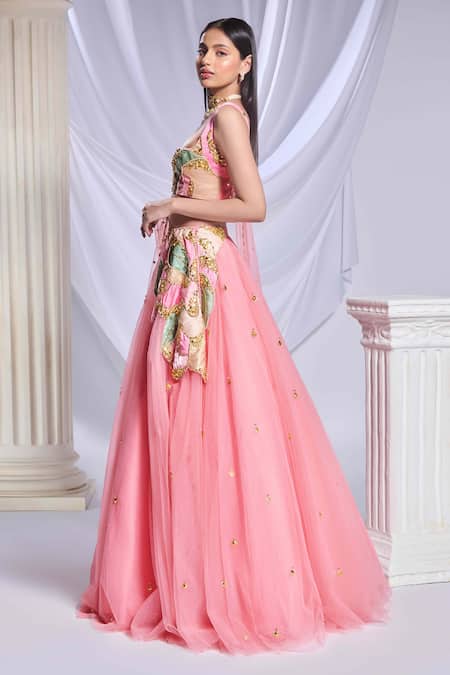 Buy_Papa Don't Preach_Pink Tulle Embroidery, Patchwork Square Neck Preach Lehenga Set _Online_at_Aza_Fashions
