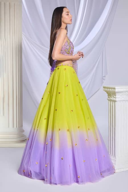 Buy_Papa Don't Preach_Yellow Tulle Sequins, Zari Halter Neck Berry Sorbet Embroidered Lehenga Set _Online_at_Aza_Fashions