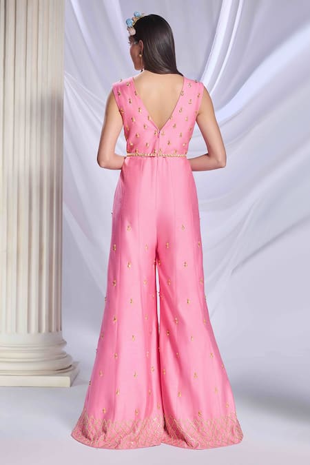 Shop Papa Dont Preach Pink Rayon Patchwork, Embroidery V-neck Playdate Jumpsuit at Aza Fashions Shop_Papa Dont Preach_Pink Rayon Patchwork, Embroidery V-neck Playdate Jumpsuit_at_Aza_Fashions