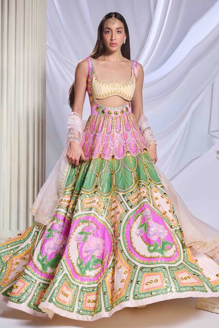 Buy_Papa Don't Preach_Multi Color Tulle Sequins, Crystals, Beads, Lunar Prism Anarkali With Dupatta _Online_at_Aza_Fashions