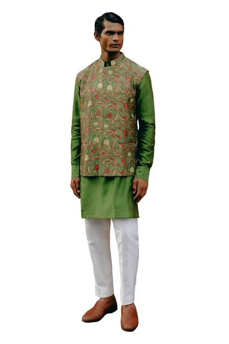 Buy_Drishti & Zahabia_Green Silk, Chanderi Silk, Cotton Embroidery Floral Veil Print Bundi Set _Online_at_Aza_Fashions