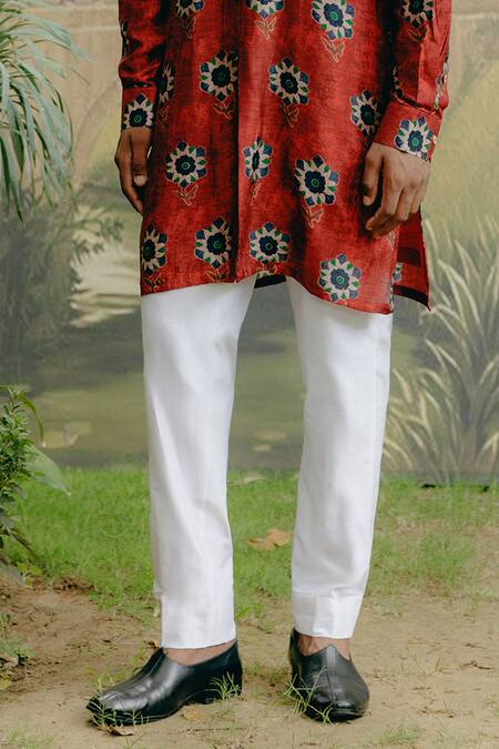 Buy_Drishti & Zahabia_Red Denim, Cotton Embroidery Floral Print Kurta With Pant _Online_at_Aza_Fashions