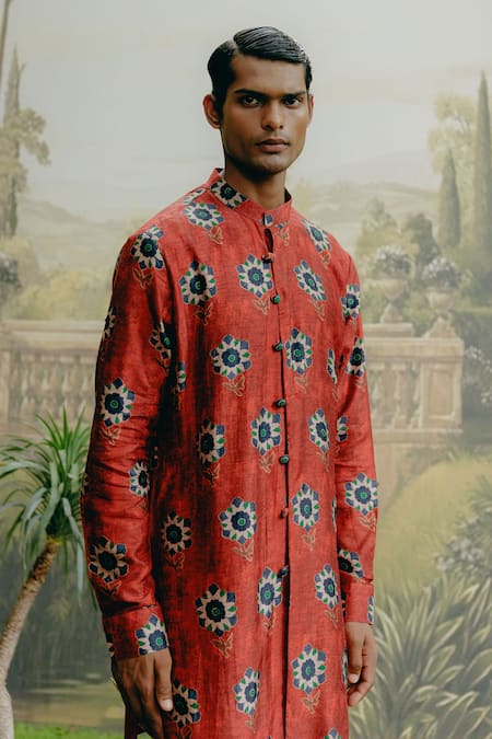 Shop_Drishti & Zahabia_Red Denim, Cotton Embroidery Floral Print Kurta With Pant _Online_at_Aza_Fashions