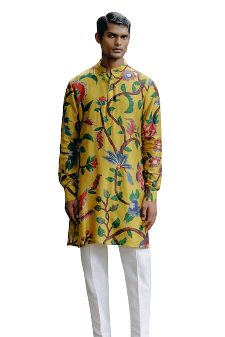 Drishti & Zahabia_Yellow Denim, Cotton, Silk Embroidery Floral Veil Print Kurta With Pant _Online_at_Aza_Fashions