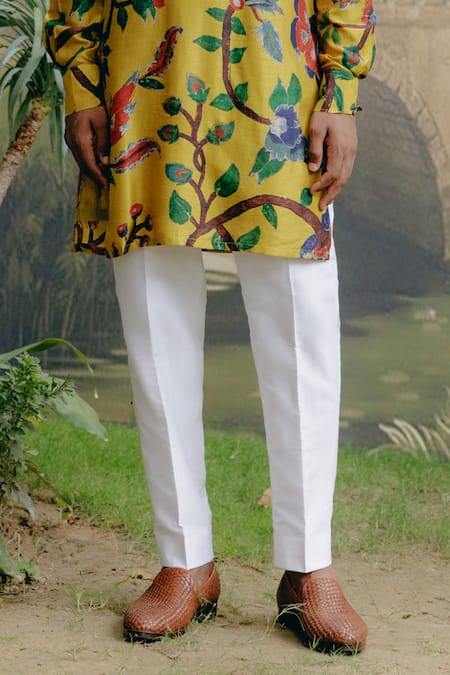 Buy_Drishti & Zahabia_Yellow Denim, Cotton, Silk Embroidery Floral Veil Print Kurta With Pant _Online_at_Aza_Fashions