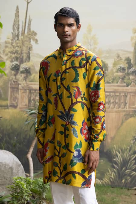 Shop_Drishti & Zahabia_Yellow Denim, Cotton, Silk Embroidery Floral Veil Print Kurta With Pant _Online_at_Aza_Fashions