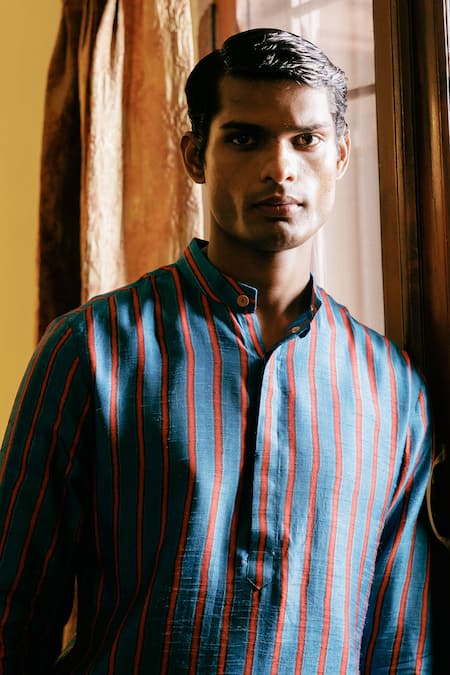 Drishti & Zahabia_Blue , Satin, Silk Stripe Print Kurta With Pant _Online_at_Aza_Fashions